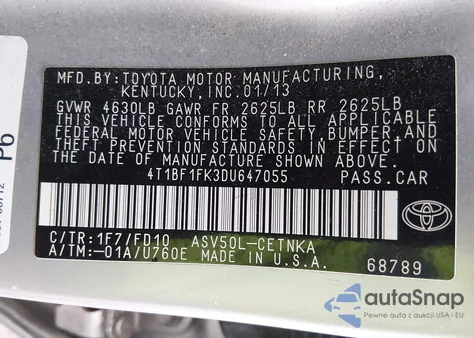 2013 Toyota Camry Le z USA, uszkodzony, nr VIN 4T1BF1FK3DU647055